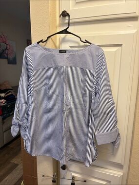 Talbots 100% cotton Blue and White Striped shirt w/ tie cuff sleeves